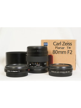 Zeiss Planar 80/2 15300419 monture Contax + bague Ext 13mm + adaptateur Contax/Leica S